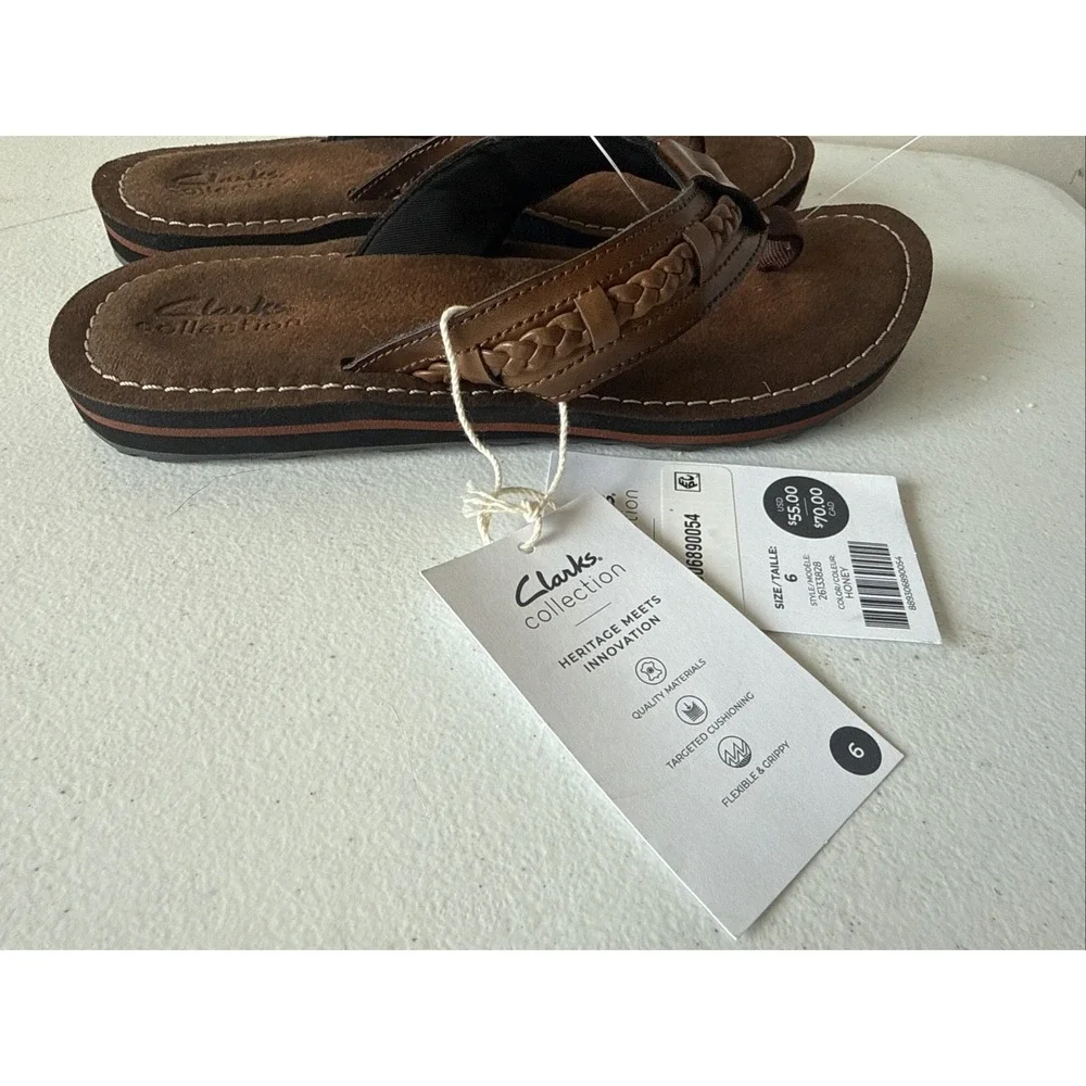 Clarks Collection Fenner Nerice Leather Braided Strap Flip Flops Brown Womens 6